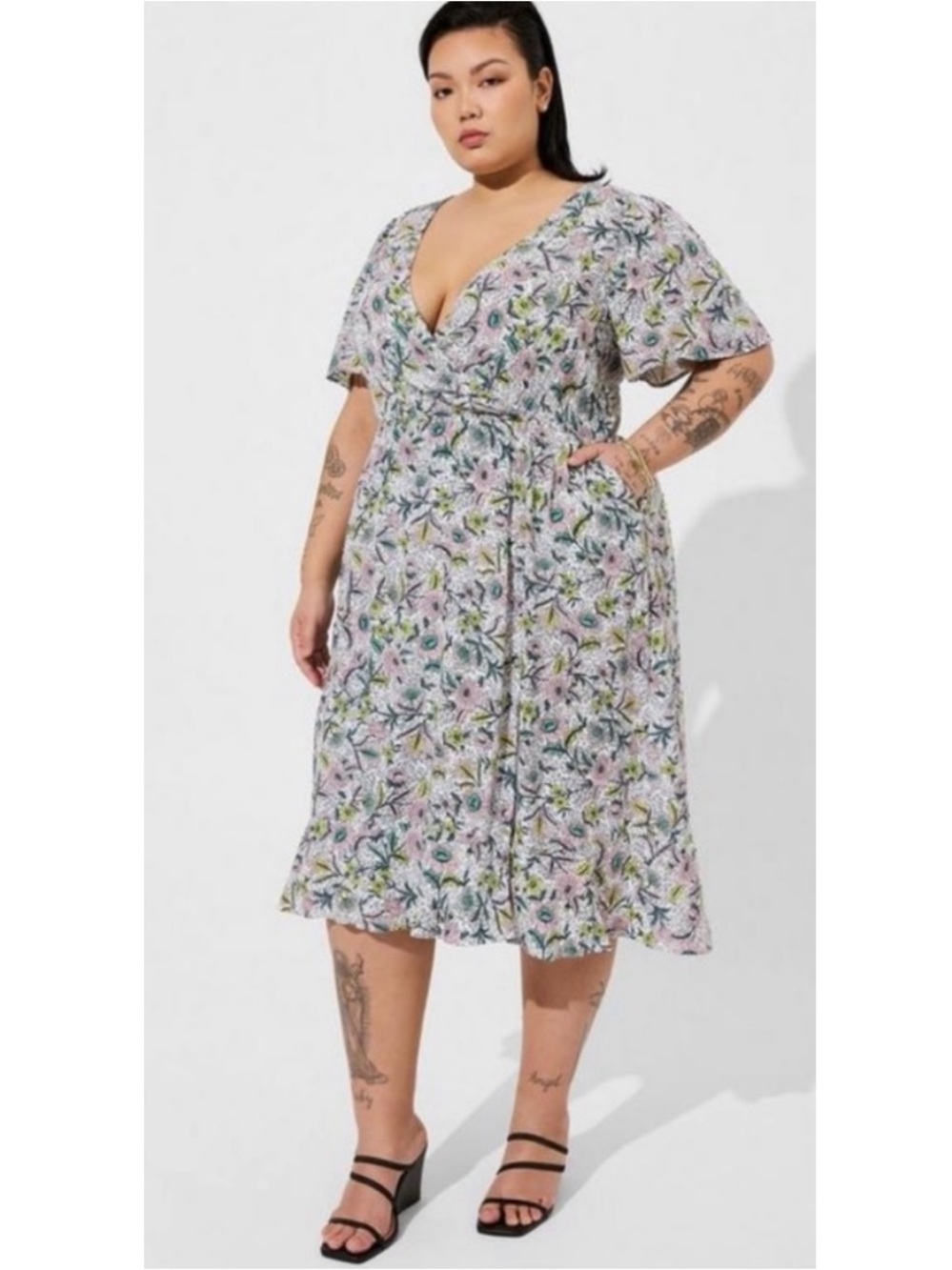Torrid Midi Swiss Dot Flutter Sleeve Wrap Dress 1